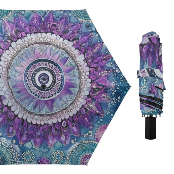Dotted Mandala Flowers All Weather Umbrella Triple Folding Parasol 6 Ribs UV Protection Portable
