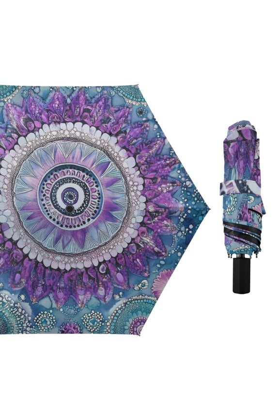 Dotted Mandala Flowers All Weather Umbrella Triple Folding Parasol 6 Ribs UV Protection Portable