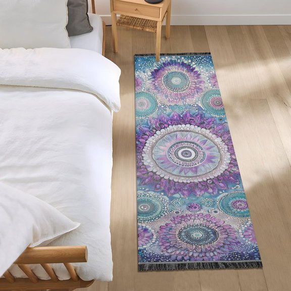 Dotted Mandala Flowers Bedside Runner Rug 2'x 6' Non Slip Carpet Floor Mat Area Rug