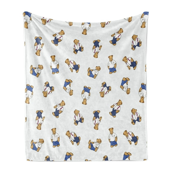 Dotted Soft Flannel Fleece Throw Blanket, Teddy Bear Style Dog on Nostalgic Polka Dots Childish Cartoon, Cozy Plush for Indoor and Outdoor Use, 50" x 60", Violet Blue Pale Brown, by Ambesonne