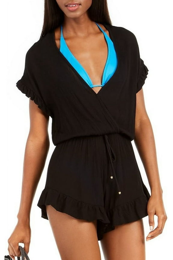 BLACK Treasure Ruffle-Trim Romper Swim Cover-Up, US Large