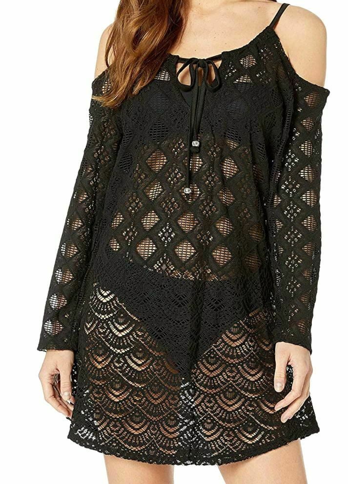 Cover-up Noir Dotti En Mesh - Profonde Encolure En V Avec Cordon De Serrage - Taille M