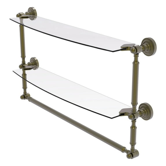 Dottingham Collection 24-in Two Tiered Glass Shelf with Integrated Towel Bar in Antique Brass