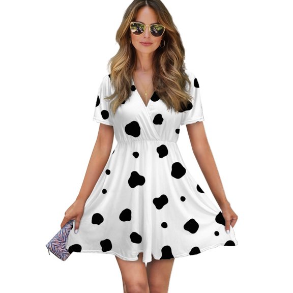 Dotty Dog Women Dress V-Neck Short Sleeve Flowy Swing Party Midi Dress