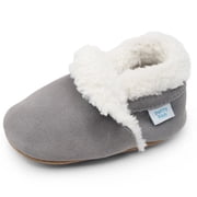 Dotty Fish Baby Suede Slippers - Non-Slip, Soft Fleece-Lined   Pale Gray, 6-12 Months