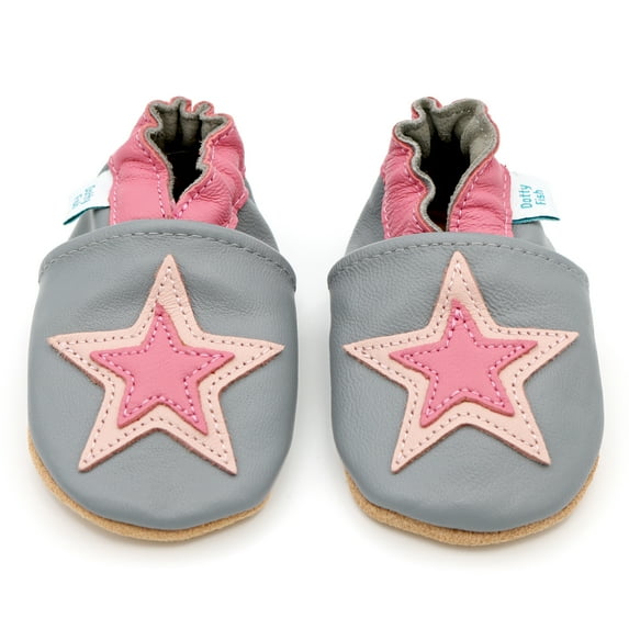 Dotty Fish Soft Sole Leather Toddler Shoes - Grey and Pink Star - 12-18 Months