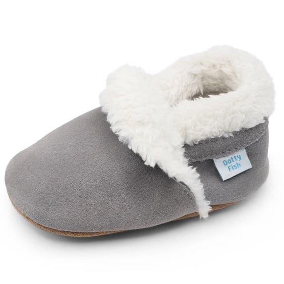 Dotty Fish Toddler Suede Slippers - Non-Slip, Soft Fleece-Lined – Pale Gray, 18-24 Months