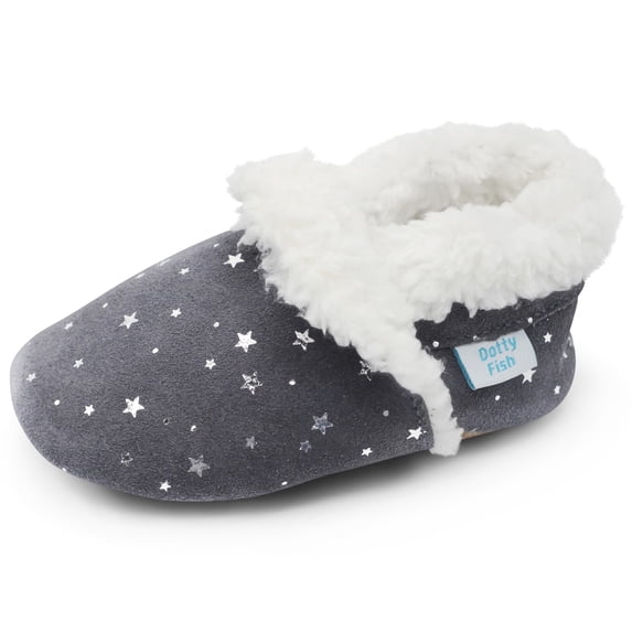 Dotty Fish Toddler Suede Slippers - Non-Slip, Soft Fleece-Lined – Silver Stars, 18-24 Months