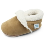 Dotty Fish Toddler Suede Slippers - Non-Slip, Soft Fleece-Lined   Tan, 18-24 Months