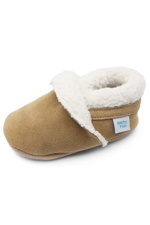 Toddler Suede Slippers - Non-Slip, Soft Fleece-Lined – Tan, 2-3 Years