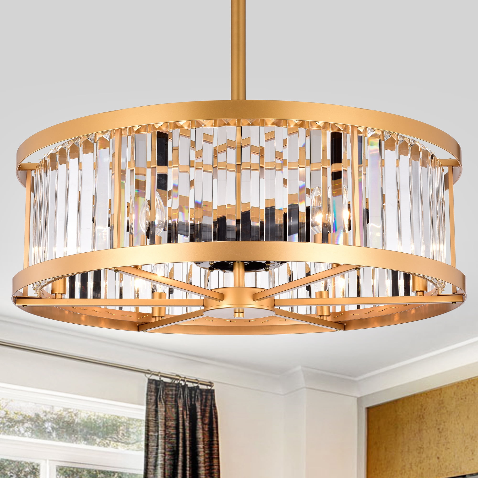 Dotty Gold 30-Inch 6-Light Metal & Crystal Drum Shade Lighted Ceiling Fan