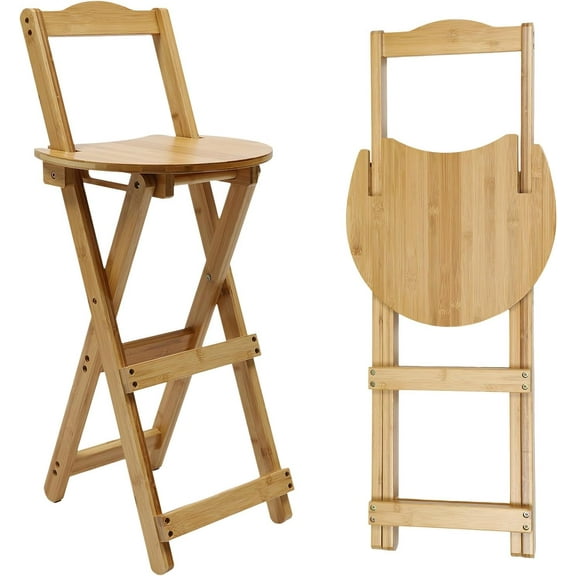 DouSeiAi Folding Bamboo Bar Stool, Counter Height Folding Chairs with Backrest and Footrest, Bar Chairs for Home Kitchen Island Breakfast, No Assembly