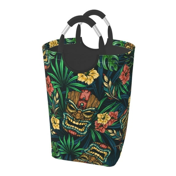 DouZhe 50L Rectangular Laundry Basket, Hawaiian Tropical Tiki Mask Prints Waterproof Foldable Laundry Hamper with Aluminum Handles