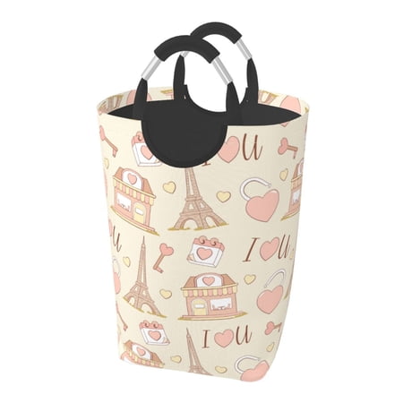 DouZhe 50L Rectangular Laundry Basket, Paris Eiffel Tower Love Prints Waterproof Foldable Laundry Hamper with Aluminum Handles