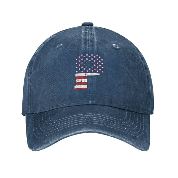 DouZhe Adjustable Washed Cotton Baseball Cap - Alphabet P America Usa Flag Prints Vintage Dad Hat Unisex Sports Caps (Blue)