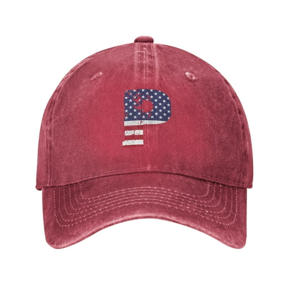 DouZhe Adjustable Washed Cotton Baseball Cap - Alphabet P America Usa Flag Prints Vintage Dad Hat Unisex Sports Caps (Red)