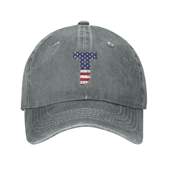 DouZhe Adjustable Washed Cotton Baseball Cap - Alphabet T America Usa Flag Prints Vintage Dad Hat Unisex Sports Caps (Gray)