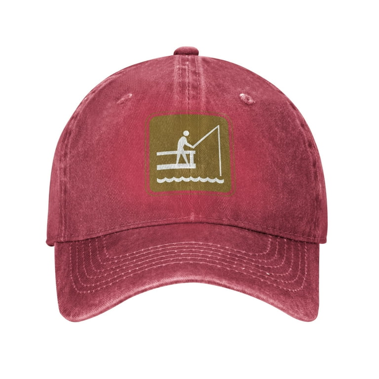 DouZhe Adjustable Washed Cotton Baseball Cap - Brown Fishing Sign Prints  Vintage Dad Hat Unisex Sports Caps (Red)