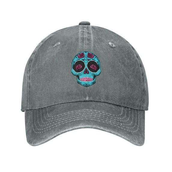 DouZhe Adjustable Washed Cotton Baseball Cap - Cartoon Sugar Skull Flowers Prints Vintage Dad Hat Unisex Sports Caps (Gray)
