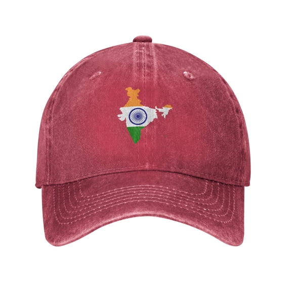 DouZhe Adjustable Washed Cotton Baseball Cap - India Geography Map Flag Prints Vintage Dad Hat Unisex Sports Caps (Red)