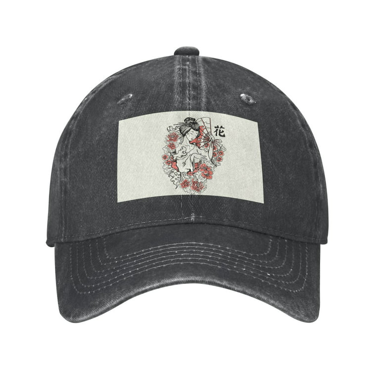 DouZhe Adjustable Washed Cotton Baseball Cap - Japan Kimono Geisha Girl Prints  Vintage Dad Hat Unisex Sports Caps (Black) 