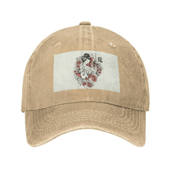 DouZhe Adjustable Washed Cotton Baseball Cap - Japan Kimono Geisha Girl Prints Vintage Dad Hat Unisex Sports Caps (Yellow)