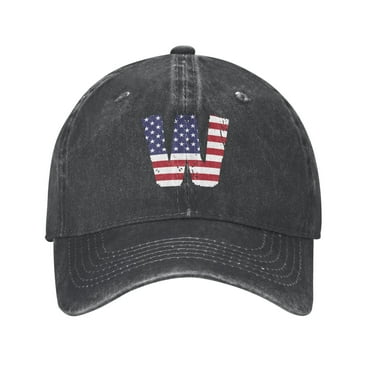 DouZhe Adjustable Washed Cotton Baseball Cap - Letter W Usa Flag Stickers Prints Vintage Dad Hat Unisex Sports Caps (Black)