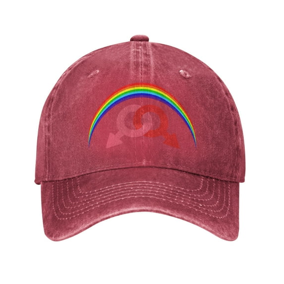 DouZhe Adjustable Washed Cotton Baseball Cap - Rainbow LGBT Prints Vintage Dad Hat Unisex Sports Caps (Red)