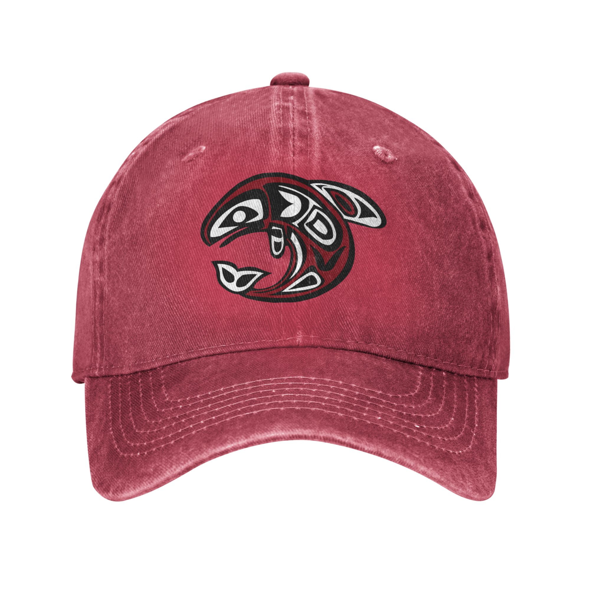 DouZhe Adjustable Washed Cotton Baseball Cap - Retro Fish Totem Prints  Vintage Dad Hat Unisex Sports Caps (Red) 