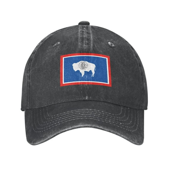 DouZhe Adjustable Washed Cotton Baseball Cap - Wyoming State Seal Flag Prints Vintage Dad Hat Unisex Sports Caps (Black)