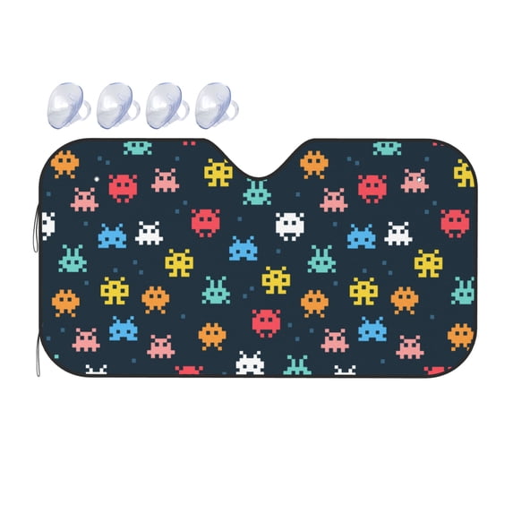 DouZhe Car Sunshades for Windshield, Cartoon Aliens Game Monsters Pattern Car Sun Shade Block Heat and UV Rays, 55" x 30"