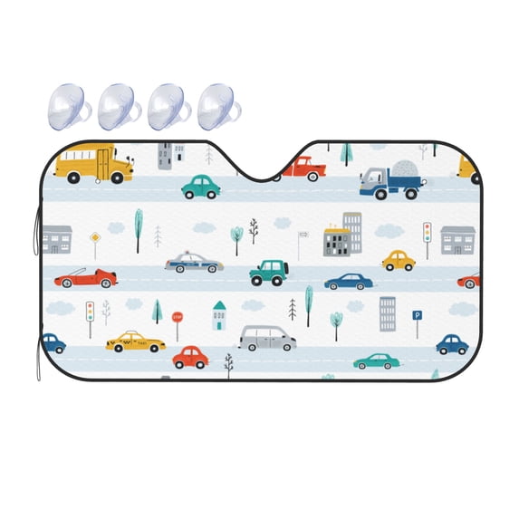 DouZhe Car Sunshades for Windshield, Cute Cars Road Traffic Pattern Car Sun Shade Block Heat and UV Rays, 55" x 30"