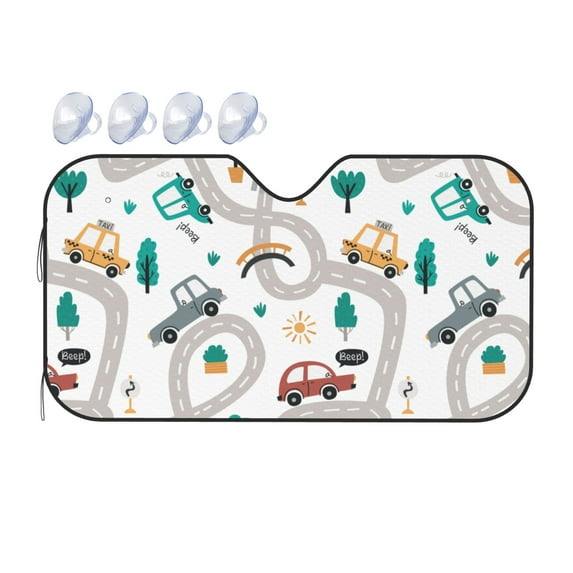 DouZhe Car Sunshades for Windshield, Cute cars Cartoon Roads Pattern Car Sun Shade Block Heat and UV Rays, 55" x 30"