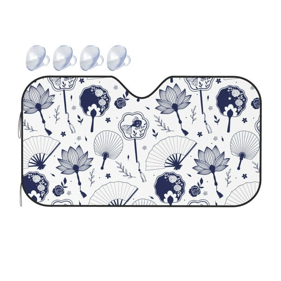 DouZhe Car Sunshades for Windshield, Fashion Chinese Floral Fans Pattern Car Sun Shade Block Heat and UV Rays, 55" x 30"