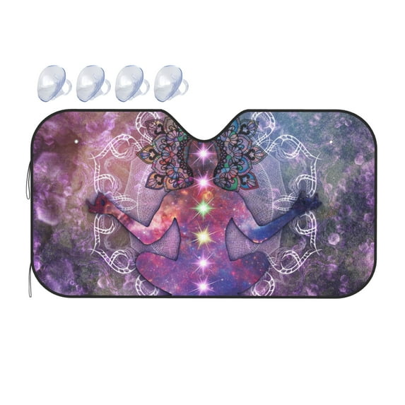 DouZhe Car Sunshades for Windshield, Yoga Chakra Meditation Pattern Car Sun Shade Block Heat and UV Rays, 55" x 30"