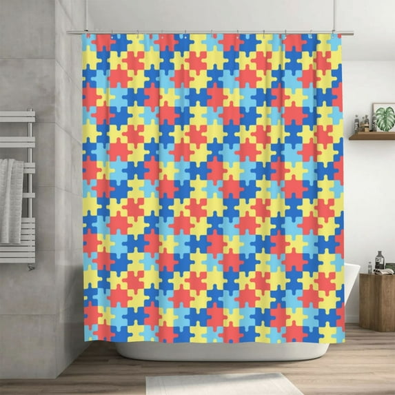 DouZhe Colorful Autism Pattern with Puzzles Pattern Shower Curtain, Waterproof Bath Curtains for Bathroom Decorations, 72 x 72 inches