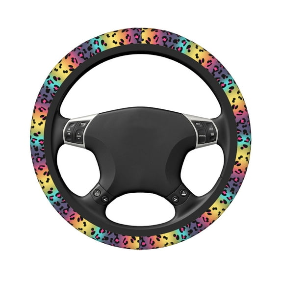 DouZhe Colorful Leopard Print Rainbow Animal Prints Steering Wheel Cover, Universal 15 inch Anti-Slip Odorless Elastic Car Steering Wheels Cover for Women Men