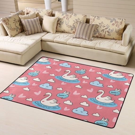 DouZhe Cute Swan Doodle Pink Pattern Area Rugs Non-Slip Machine Washable Floor Mat, Style Carpet Doormat, 63x48 inches