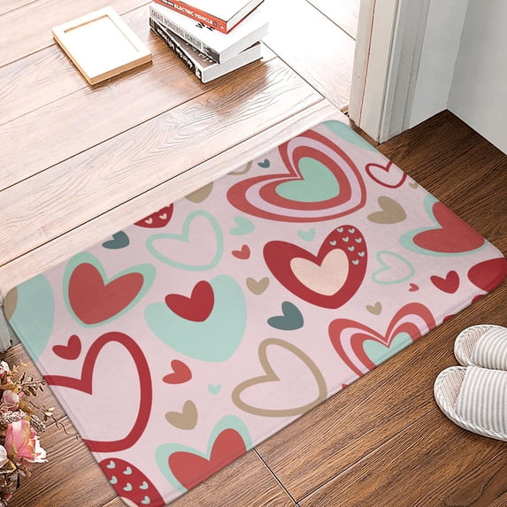 DouZhe Doormat Non-Slip Washable Floor Mat, Indoor Area Rug Multicolored Hearts Pink Pattern Carpet, 24x16 inches