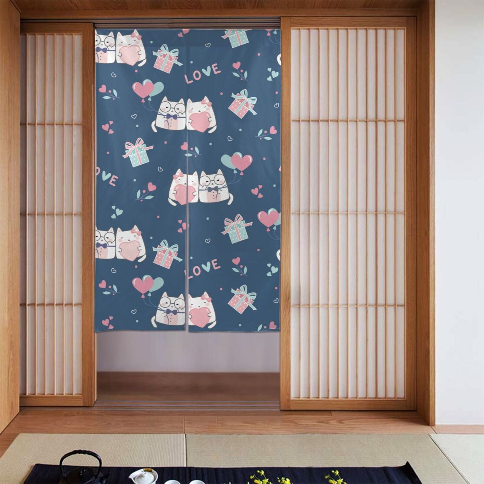 DouZhe Doorway Drape Split Curtains, Kawaii Pastel Cats Room Divider