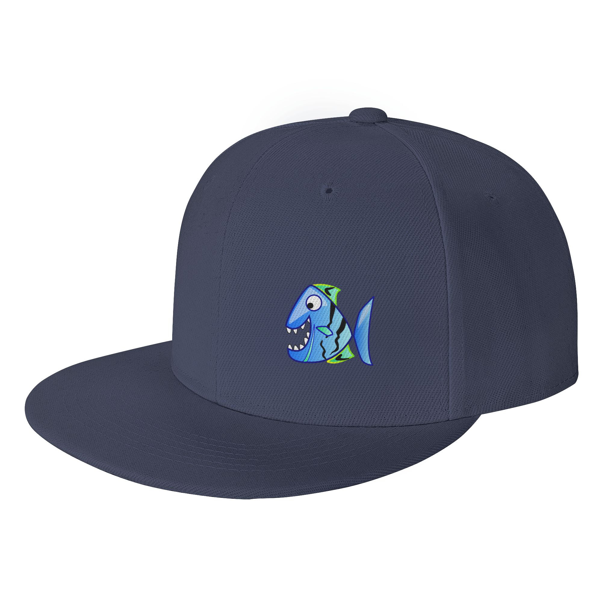 DouZhe Flat Brim Cap Snapback Hat, Blue Piranha Fish Prints