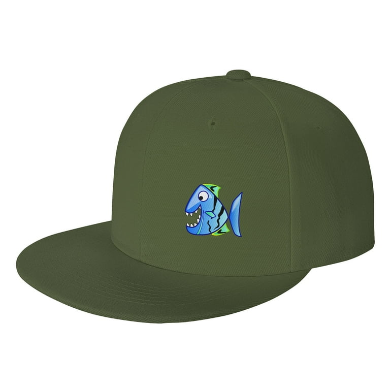 DouZhe Flat Brim Cap Snapback Hat, Blue Piranha Fish Prints Adjustable  Green Adult Baseball Cap 