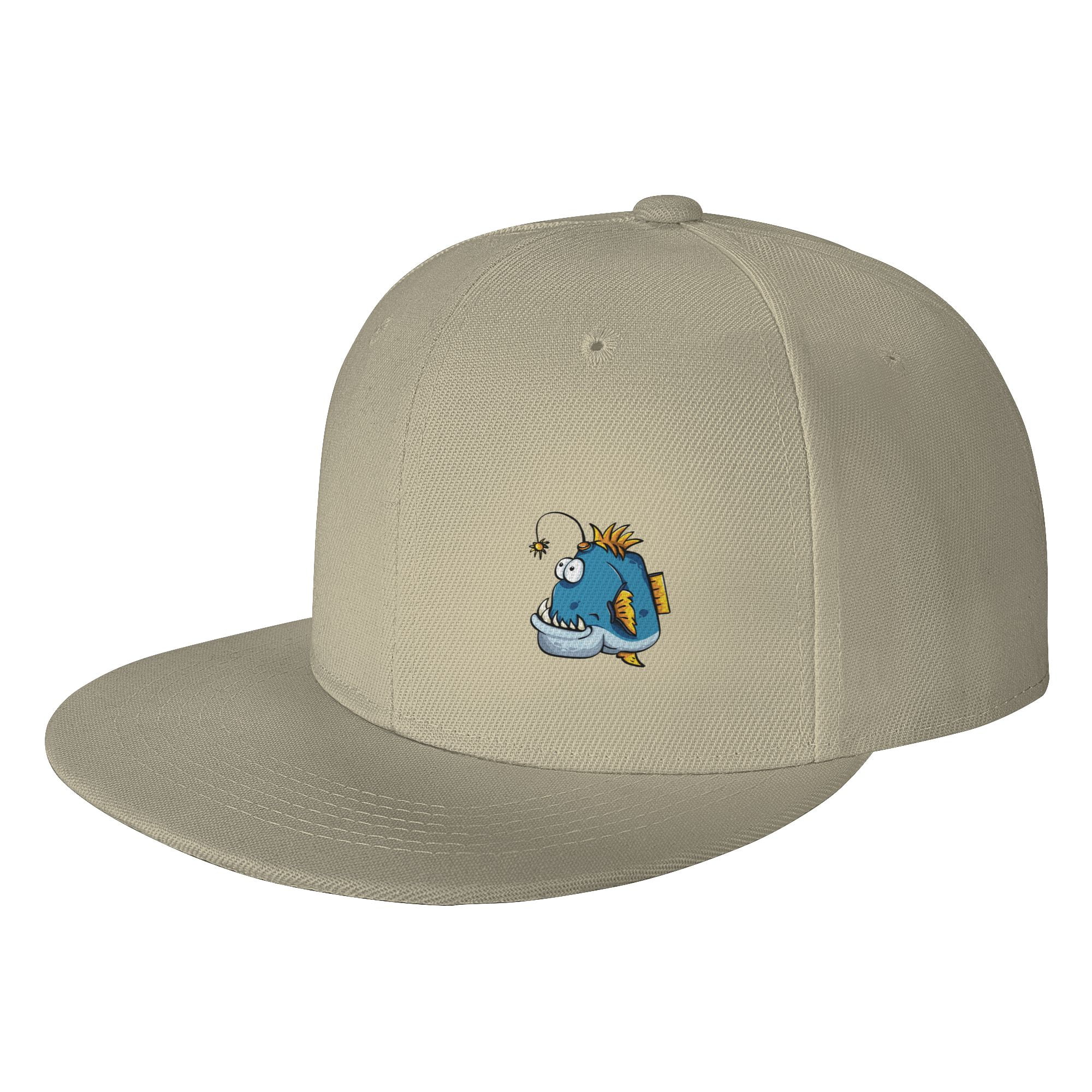 DouZhe Flat Brim Cap Snapback Hat, Cartoon Fish Angler Prints Adjustable  Yellow Adult Baseball Cap 