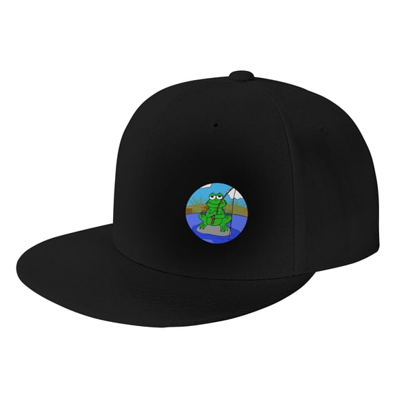 DouZhe Flat Brim Cap Snapback Hat, Cartoon Fishing Frog Prints Adjustable Black Adult Baseball Cap
