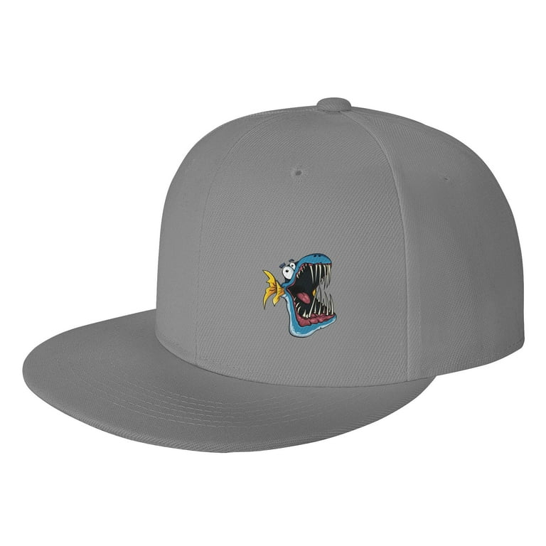 DouZhe Flat Brim Cap Snapback Hat, Funny Fish Toothy Jaw Prints Adjustable  Gray Adult Baseball Cap 