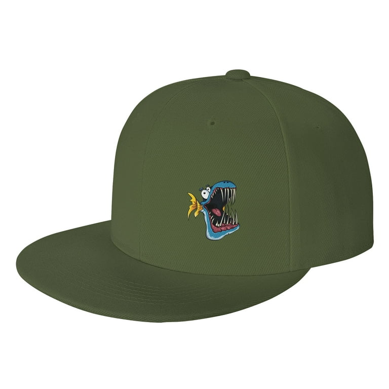 DouZhe Flat Brim Cap Snapback Hat, Funny Fish Toothy Jaw Prints Adjustable  Green Adult Baseball Cap 