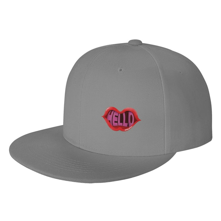 DouZhe Flat Brim Cap Snapback Hat, Hello Lips Prints Adjustable Gray Adult  Baseball Cap