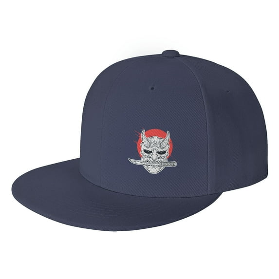 DouZhe Flat Brim Cap Snapback Hat, Japanese Style Evil Samurai Prints Adjustable Blue Adult Baseball Cap