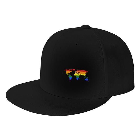 DouZhe Flat Brim Cap Snapback Hat, Rainbow LGBT Pride World Map Prints Adjustable Black Adult Baseball Cap