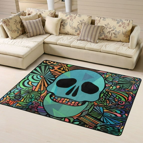 DouZhe Gypsy Hippie Skeleton Pattern Area Rugs Non-Slip Machine Washable Floor Mat, Death Goth Skull Style Carpet Doormat, 63x48 inches